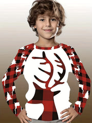 Christmas Reindeer Print Boys T-Shirt Long Sleeve Holiday Tee