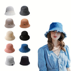 Frayed Brim Denim Bucket Hat Solid Women Sunscreen Cloche Hat