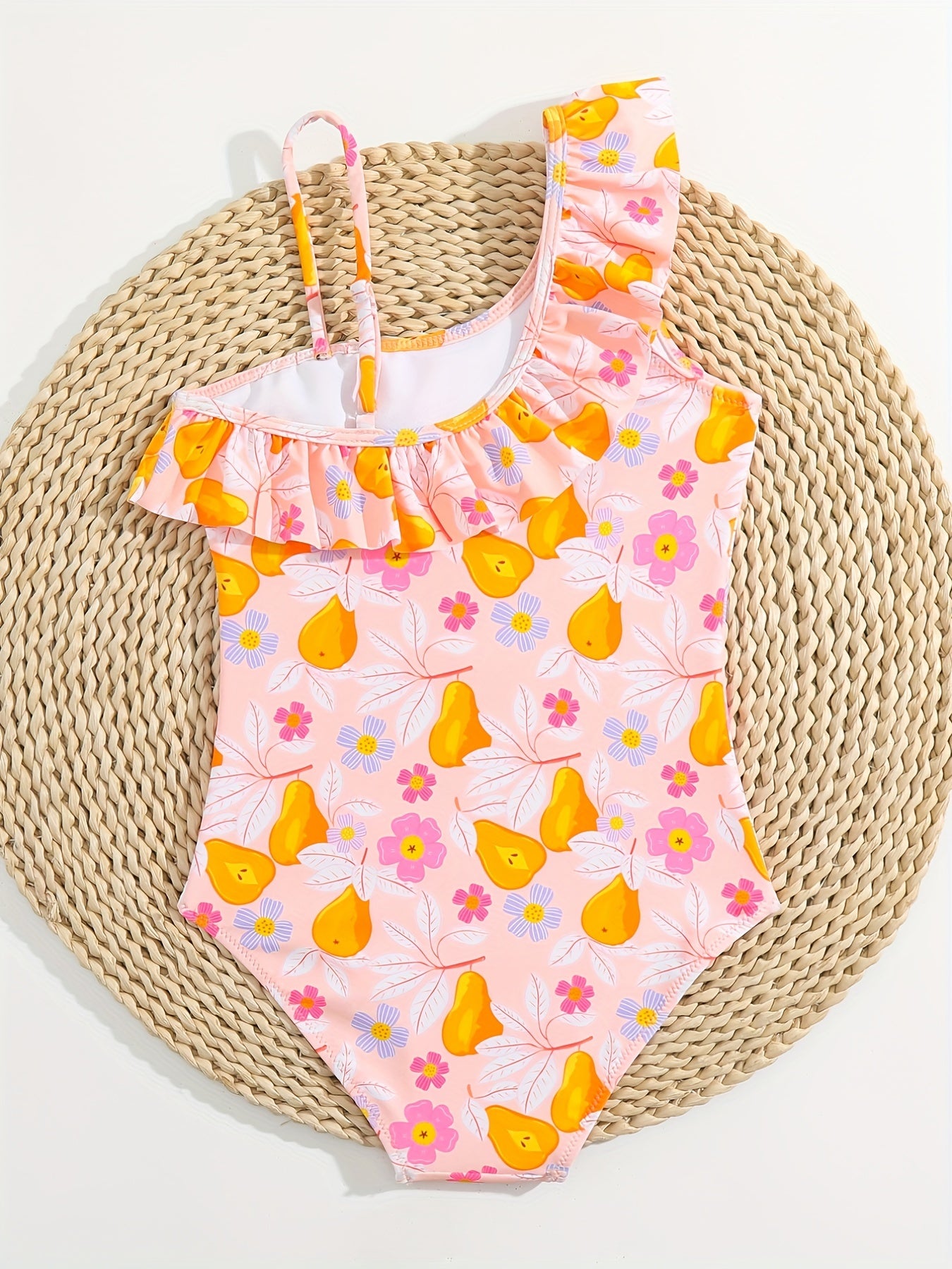 Girls Ruffle Pear Floral Print One Piece Swimsuit