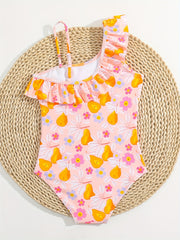 Girls Ruffle Pear Floral Print One Piece Swimsuit