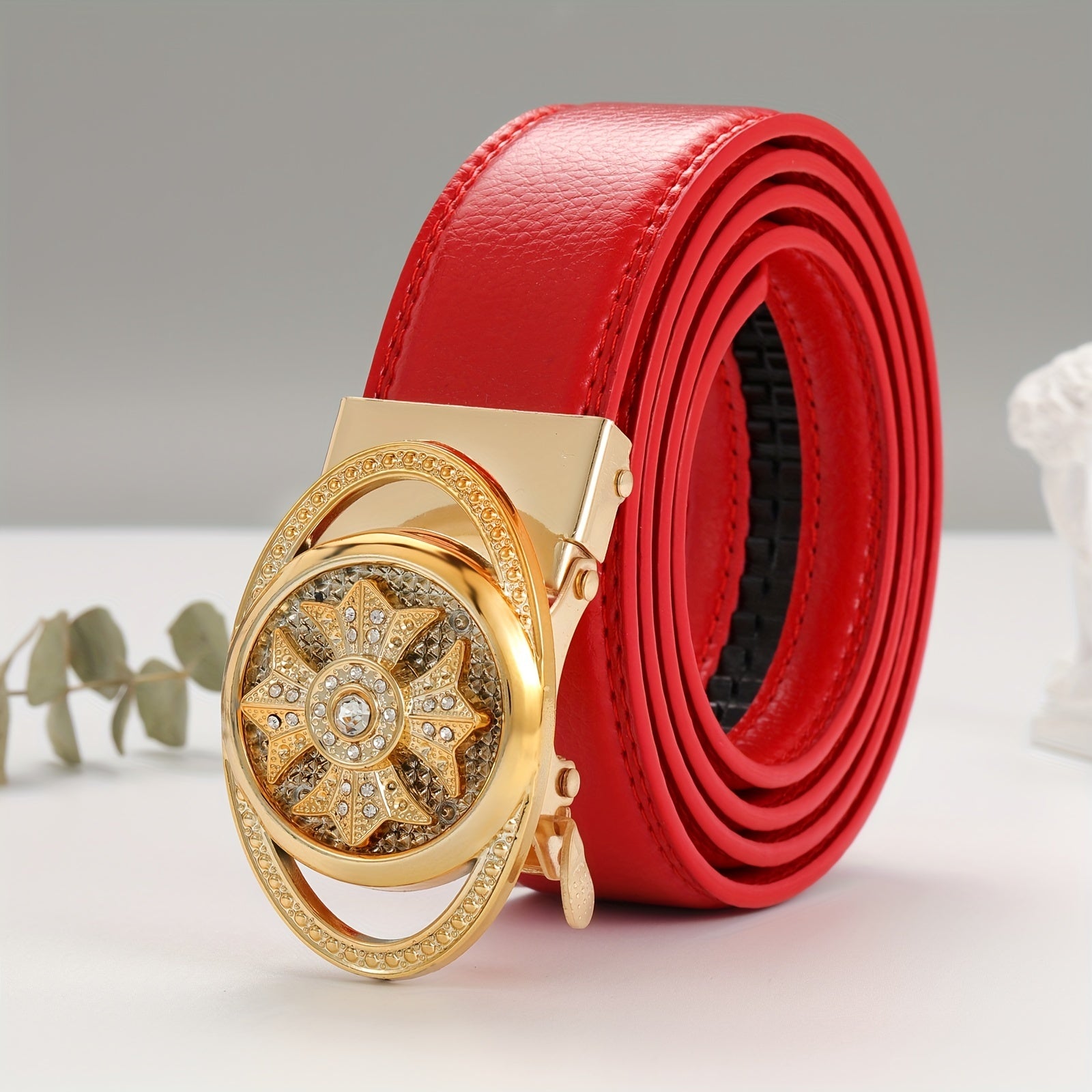 Men's Rotating Buckle PU Leather Business Suit Waist Strap