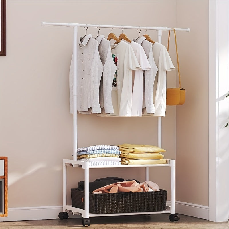Metal Clothes Rack With 2 Layer Storage Shelf & Wheels Easy Assembly