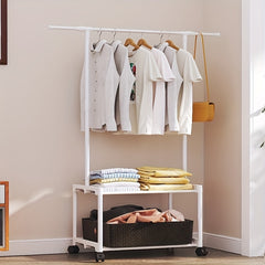 Metal Clothes Rack With 2 Layer Storage Shelf & Wheels Easy Assembly
