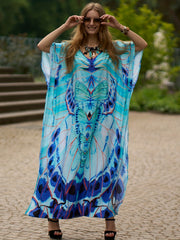 Boho Cover Up Tie Dye Stripe Print V Neck Bat Sleeve Split Dress
