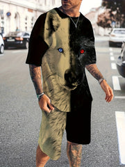 Men's Wolf Pattern T shirt & Active Shorts Set For Fitness