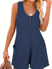 Button Front Dual Pockets Romper Casual Sleeveless Jumpsuit