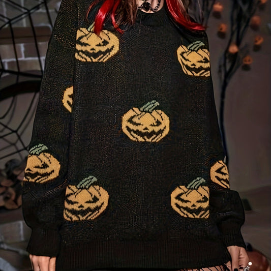 Pumpkin Print Gothic Sweater Long Sleeve Round Neck Pullover