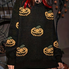 Pumpkin Print Gothic Sweater Long Sleeve Round Neck Pullover