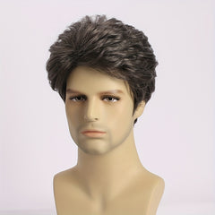 Men's Gray Short Curly Wig Natural Oblique Bangs
