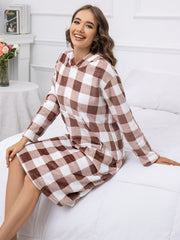 Plaid Hooded NightDress Long Sleeve Pajama Dress