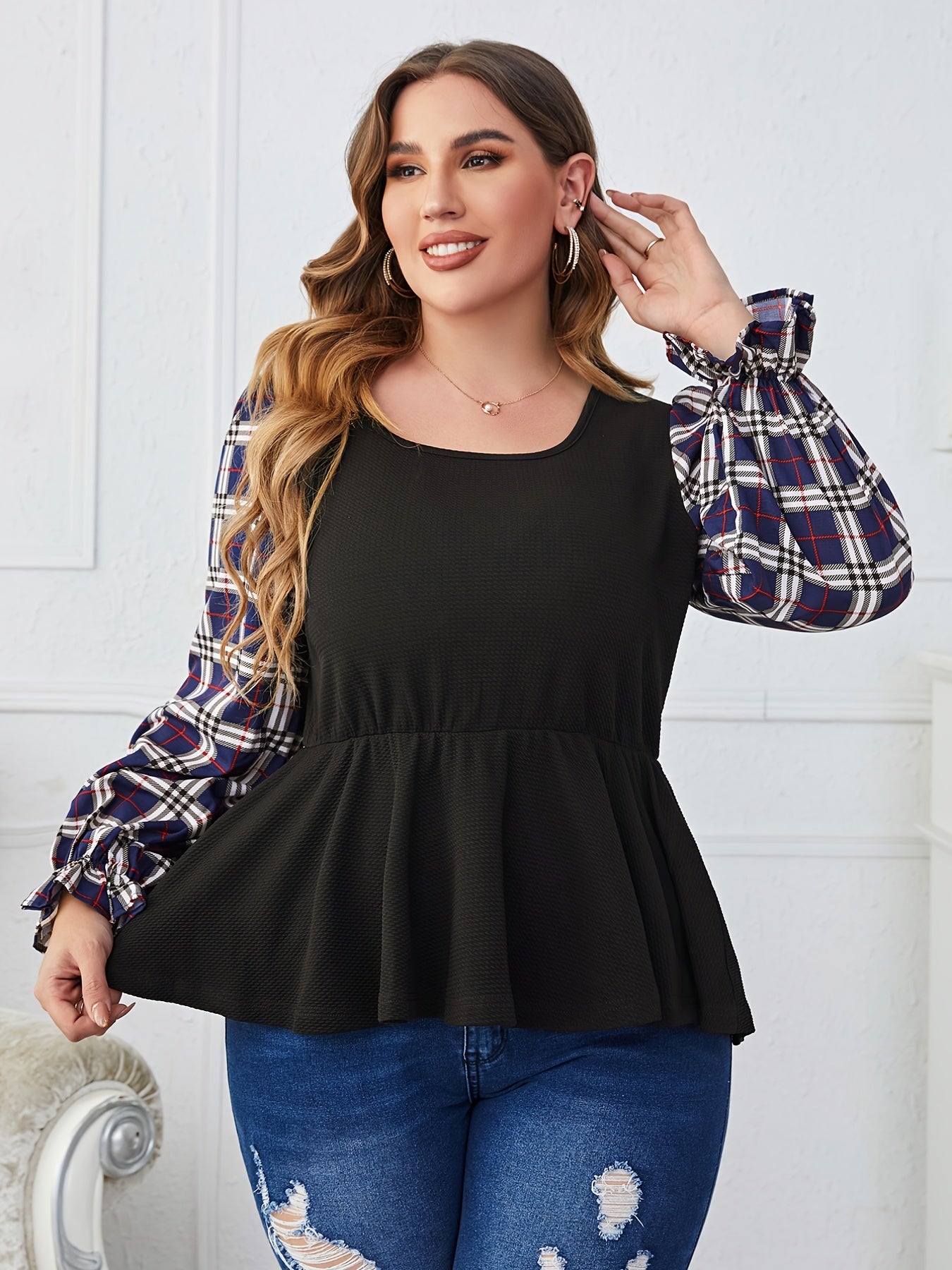 Plaid Print Long Sleeve Square Neck Top Women's Plus Size
