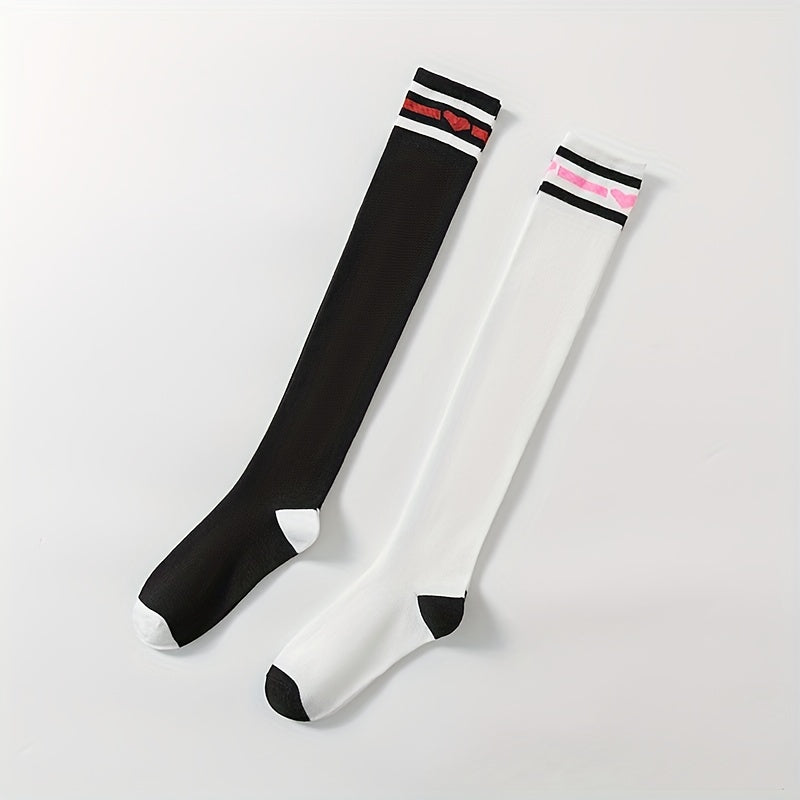 Heart Print Striped Calf Socks Women's Stocking