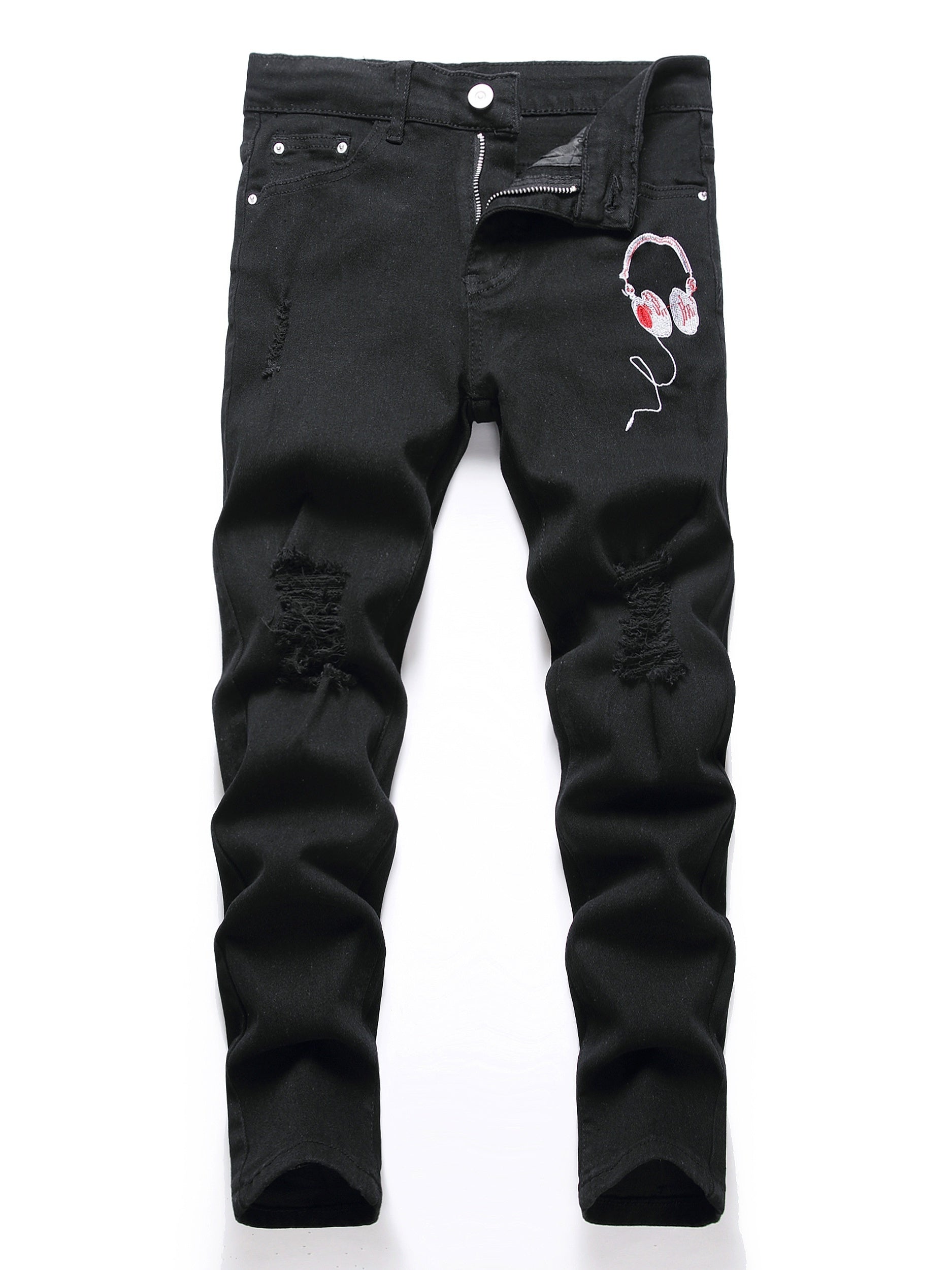 Boys Headphone Print Ripped Jeans