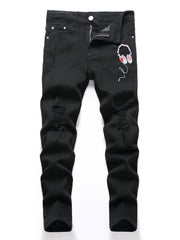 Boys Headphone Print Ripped Jeans