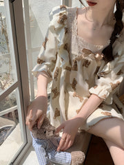 Teddy Bear Print Pajama Set Lace Trim Half Sleeve Top & Shorts