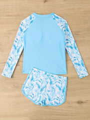 Girls Flower Print Swimsuit 2pc Set Long Sleeve Top & Shorts for Swim Training