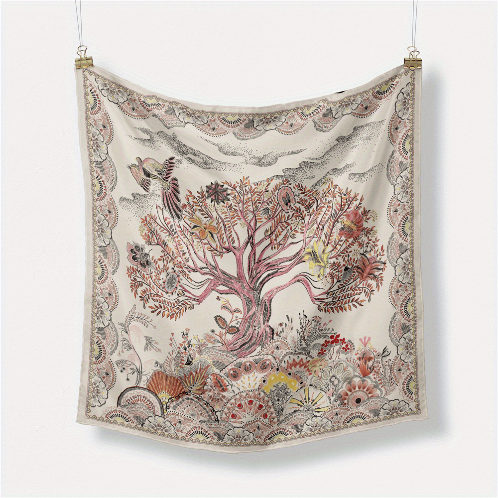Vintage Tree Print Bandana Beige Square Scarf Boho Satin Neckerchief