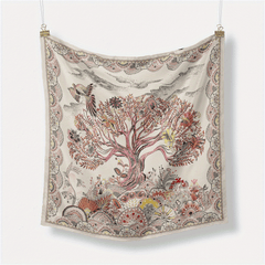 Vintage Tree Print Bandana Beige Square Scarf Boho Satin Neckerchief