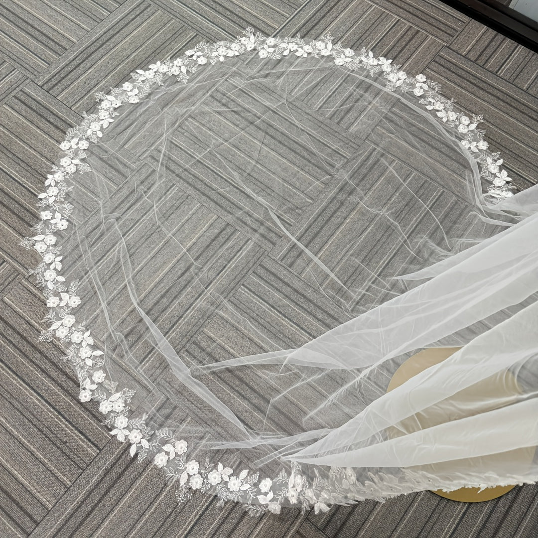 Vintage Romantic Court Style Bridal Veil with Floral & Pearl Embellishment