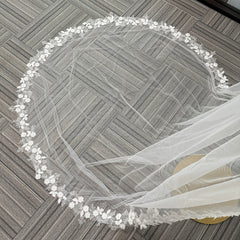 Vintage Romantic Court Style Bridal Veil with Floral & Pearl Embellishment