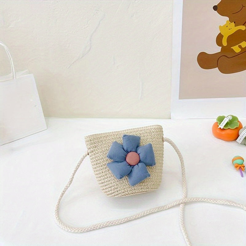 Girls Casual Braided Straw Bag With Flower Decoration Shoulder Bag