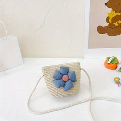 Girls Casual Braided Straw Bag With Flower Decoration Shoulder Bag