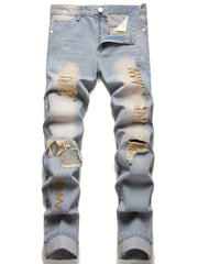 Men Embroidered Ripped Slim Straight Jeans