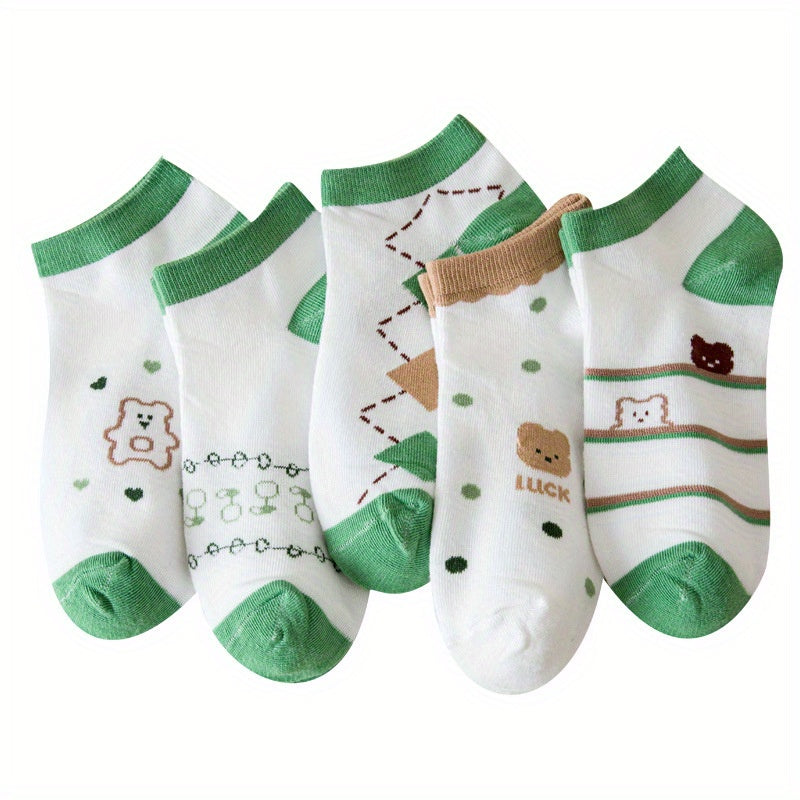 5 Pairs Cartoon Bear Socks & Lightweight Low Cut Ankle Socks
