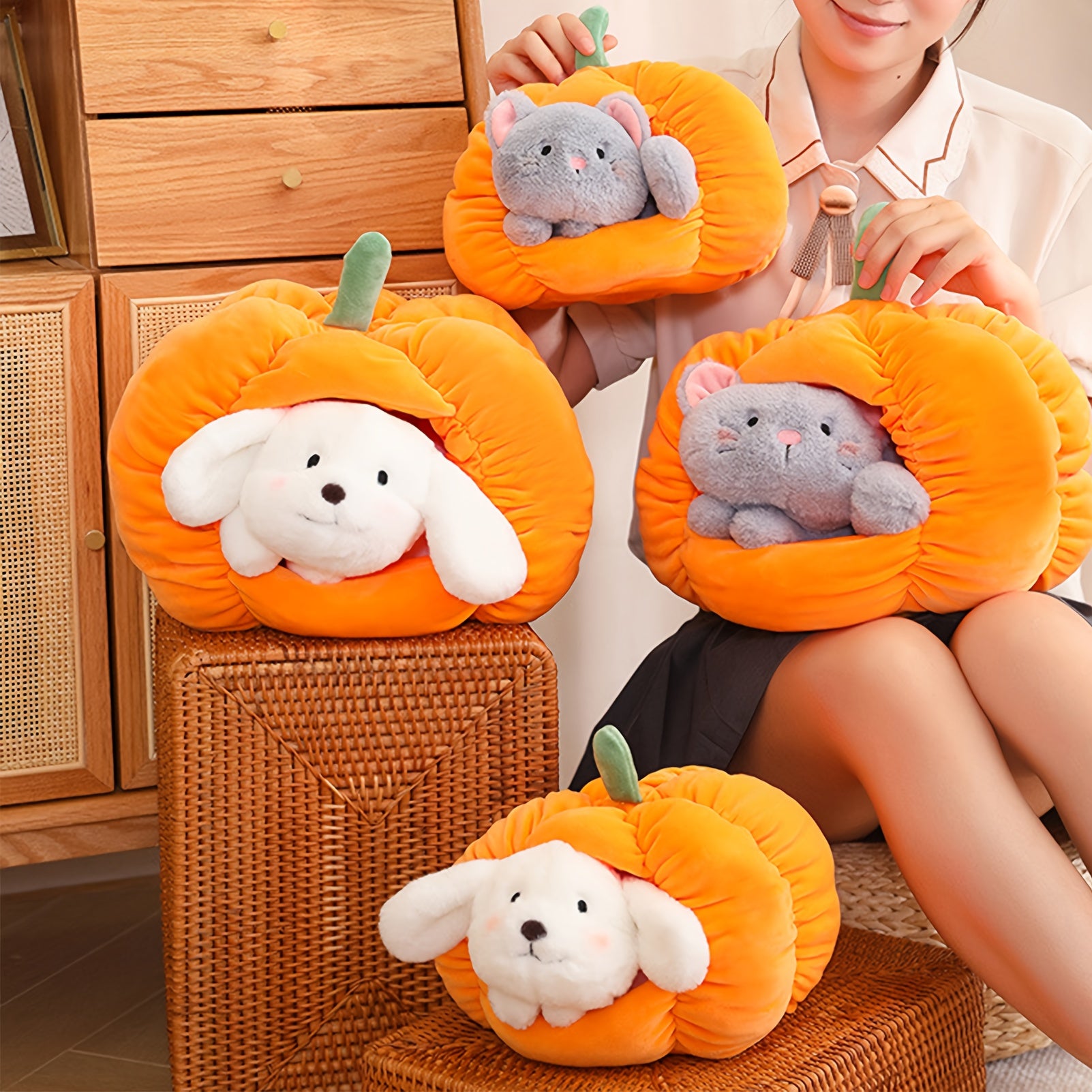Dog & Cat Pumpkin House Plush Toys Soft Halloween Stuffed Animals