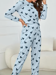 Heart Print Pajama Set Long Sleeve & Elastic Waistband Pants