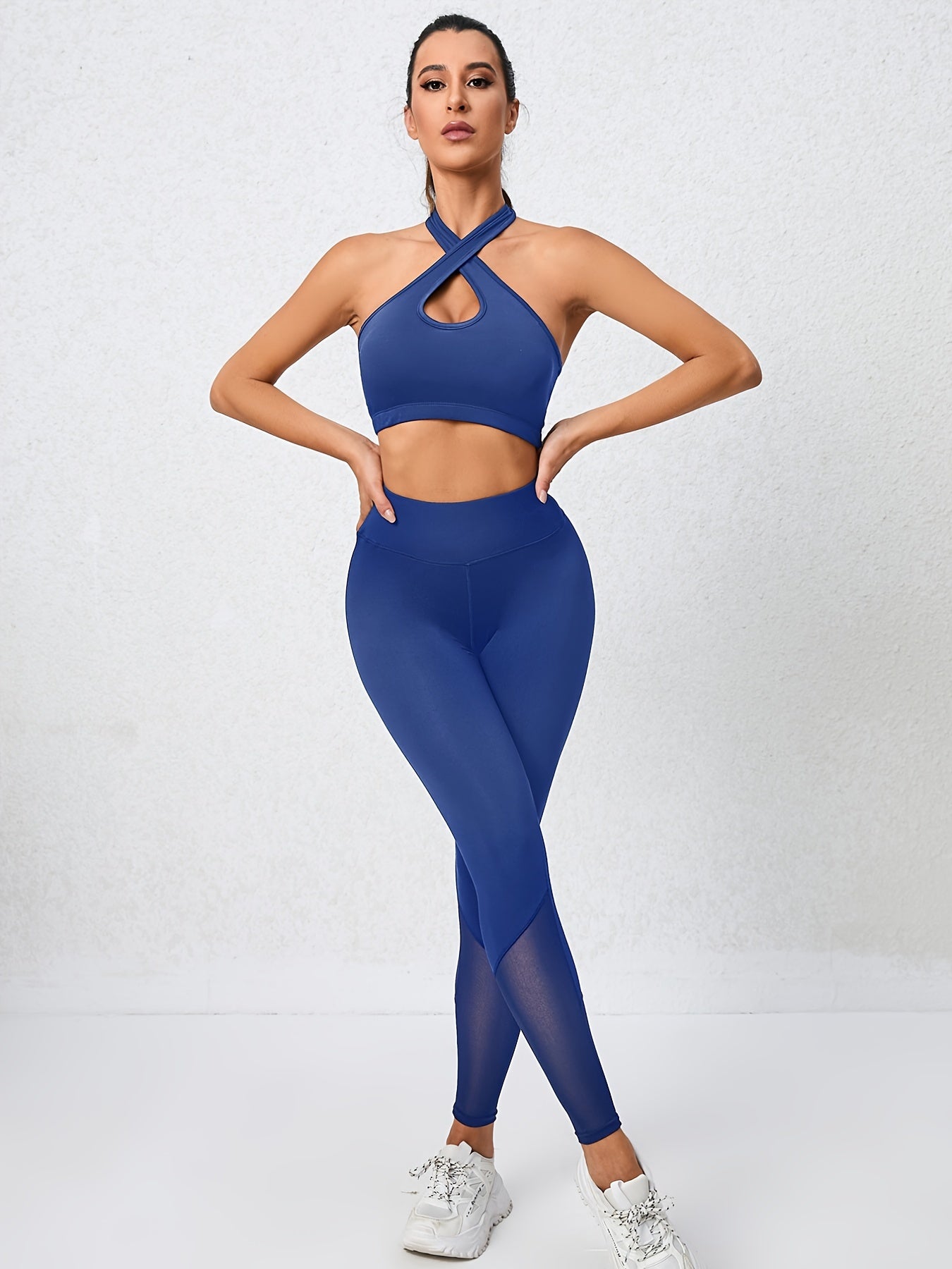 2pcs Halter Sports Bra & High Waist Mesh Leggings Set