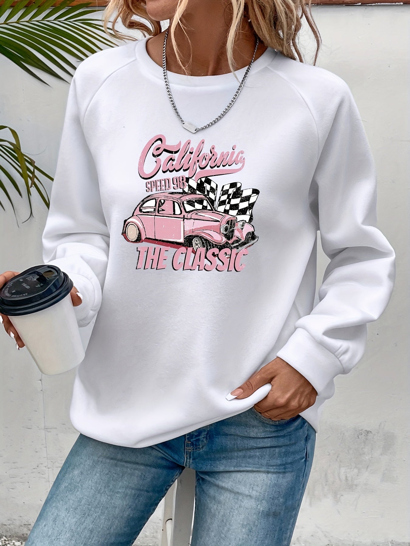 Racing Print Pullover Sweatshirt Long Sleeve Crew Neck