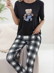 Bear Print Pajama Set Short Sleeve Crew Neck Top & Pants Women's Sleepwear