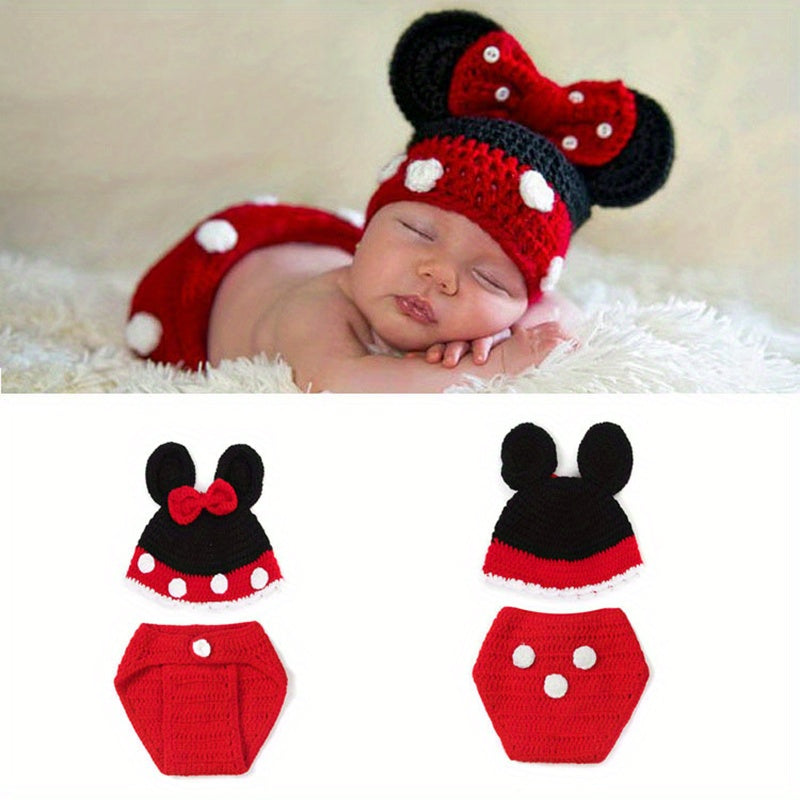 2pcs Boys Mouse Polka Dot Knit Hat Underwear Bottoms Wool Photography Suit