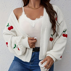 Cherry Embroidery Lantern Sleeve Knit Cardigan