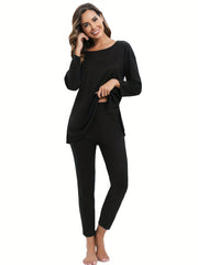 Women's Solid Lounge Set Long Sleeve Crew Neck Top & Pants