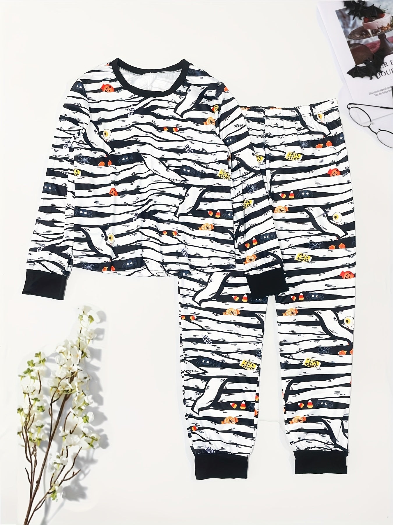 Halloween Gothic Pajama Set Women's Plus Stripe & Pumpkin Print