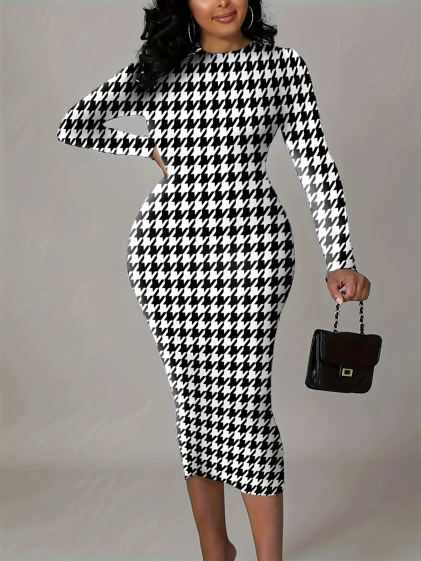 Houndstooth Print Bodycon Midi Dress