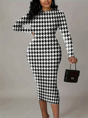 Houndstooth Print Bodycon Midi Dress