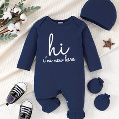 Hi I m Here Letter Print Unisex Baby Romper Hat Gloves Set