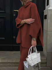 Plus Size Solid High Neck Split Top & Wide Leg Pants Set