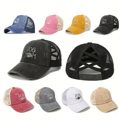 DOG MOM Embroidery Ponytail Baseball Cap Ripped Washed Distressed Sun Hat