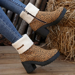 Leopard Print Winter Snow Boots Side Zipper Chunky Block Heel Ankle Boots