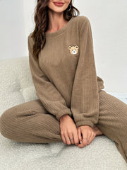 Bear Pattern Pajama Set Long Sleeve Round Neck Top & Pants Women's Sleepwear