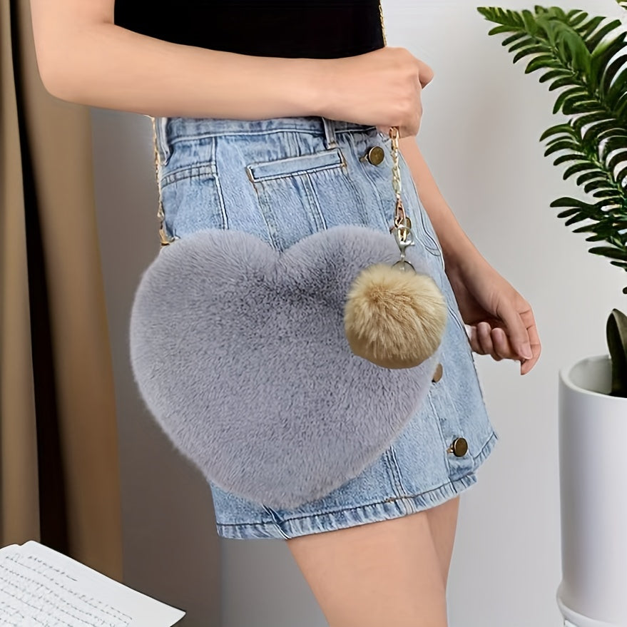 Heart Shape Plush Chain Crossbody Bag with Fur Ball Pendant