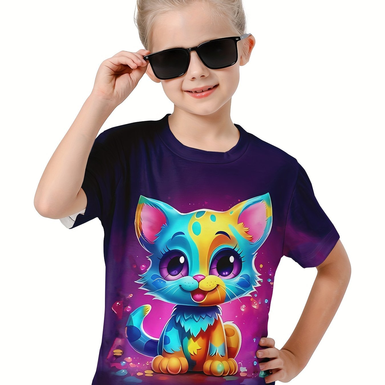 Kids 3D Cat Graphic Short Sleeve T-Shirt Breathable Summer Tops