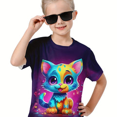 Kids 3D Cat Graphic Short Sleeve T-Shirt Breathable Summer Tops