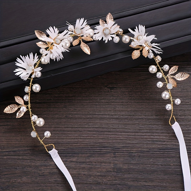 Faux Pearl Flower Leaf Headband Tiara for Women Bride Wedding Hair Accessories