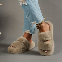 Women's Faux Fur Double Strap Slippers Warm Indoor Shoes