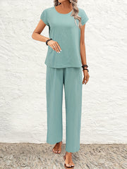 Solid Casual Two Piece Set Crew Neck Short Sleeve Tops & Elastic Waist Wide Leg